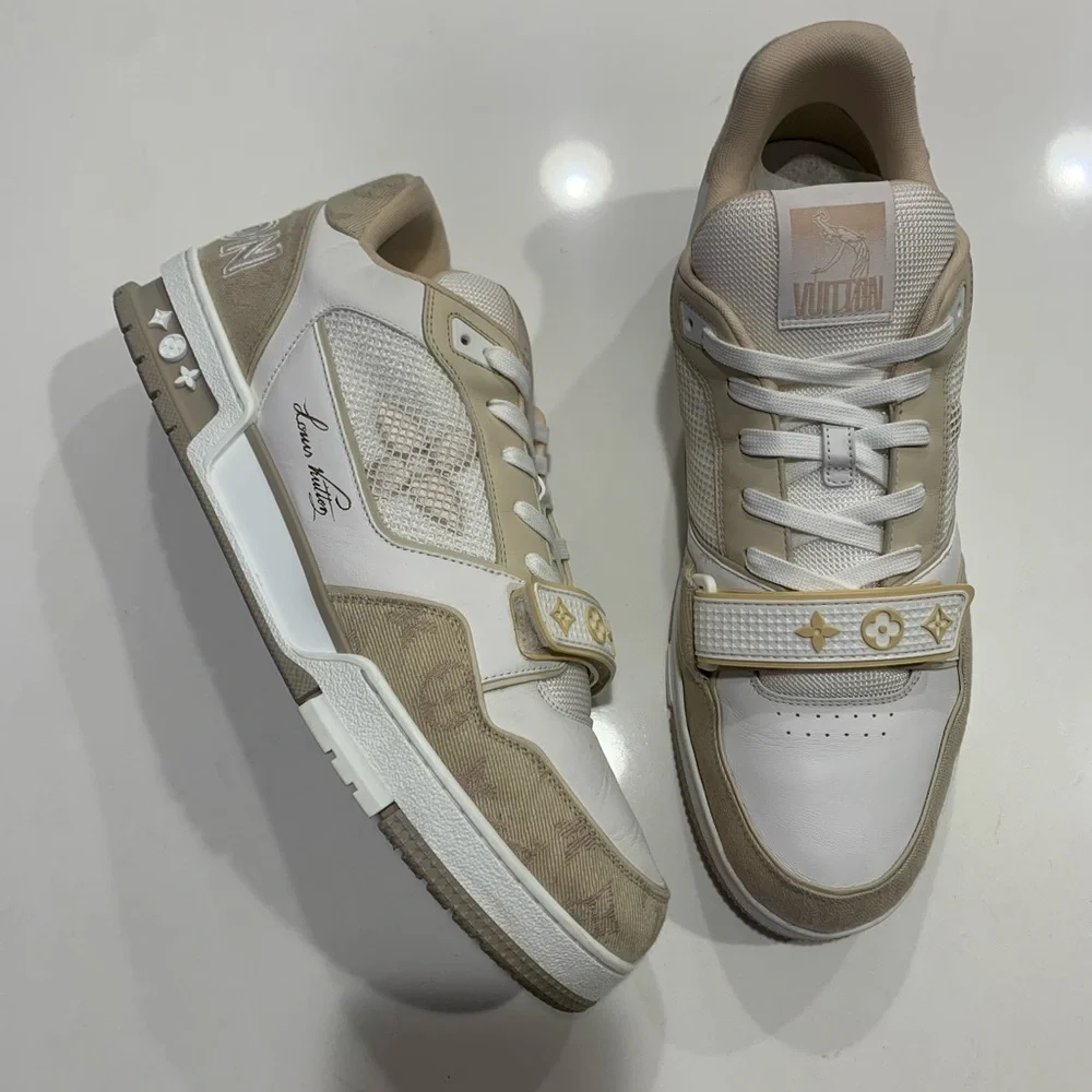 Louis Vuitton lv trainer tan monogram sneakers sz 11 LV us 12 strap - Picture 3 of 11